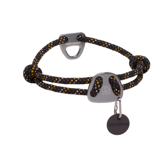 Ruffwear dog collar with metal clasp and tag on a white background