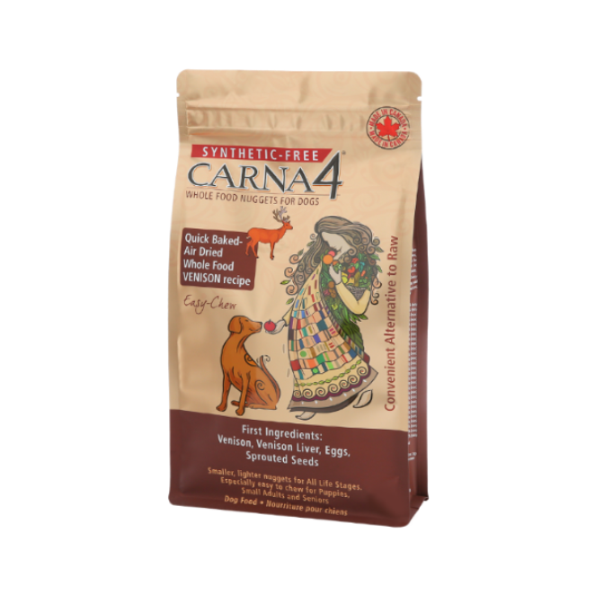 Package of Carna4 synthetic-free dog food with a colorful illustration on a beige background