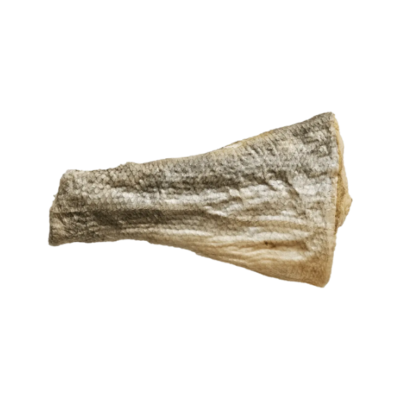 A dried fish skin or skin wrap piece with a textured, scaled surface, shown against a plain white background.