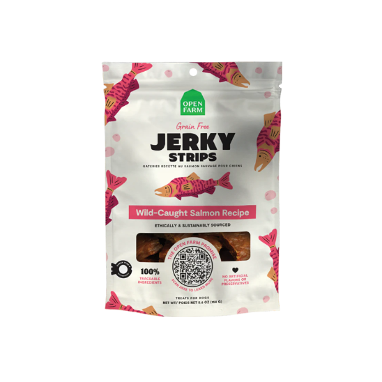 Packaging for Open Farm Jerky Strips with a white background featuring red and black text, and images of cows. The package is labeled as grain-free and gluten-free with a grass-fed beef recipe.