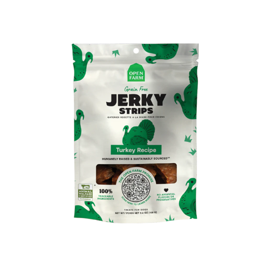 Packaging for Open Farm Jerky Strips with a white background featuring red and black text, and images of cows. The package is labeled as grain-free and gluten-free with a grass-fed beef recipe.
