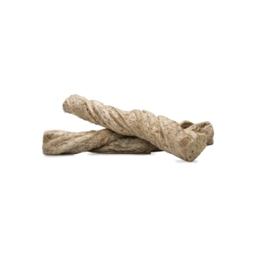Two natural dried dog chew bones, twisted and textured like rawhide, stacked on a white background.