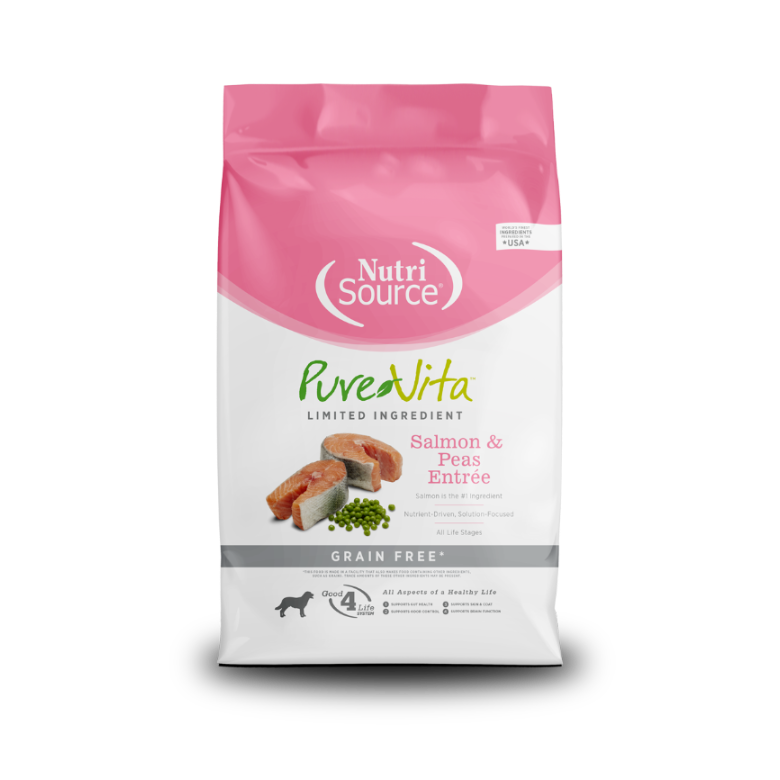 A package of NutriSource Pure Vita Grain-Free Salmon & Peas Dry Dog Food with an image of the product and a dog illustration on the front.