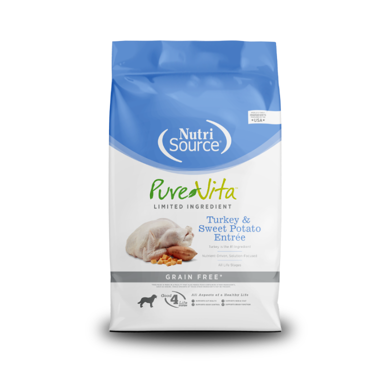 A package of NutriSource Pure Vita Grain-Free Turkey & Sweet Potato Dry Dog Food with an image of a dog and a turkey on the front.