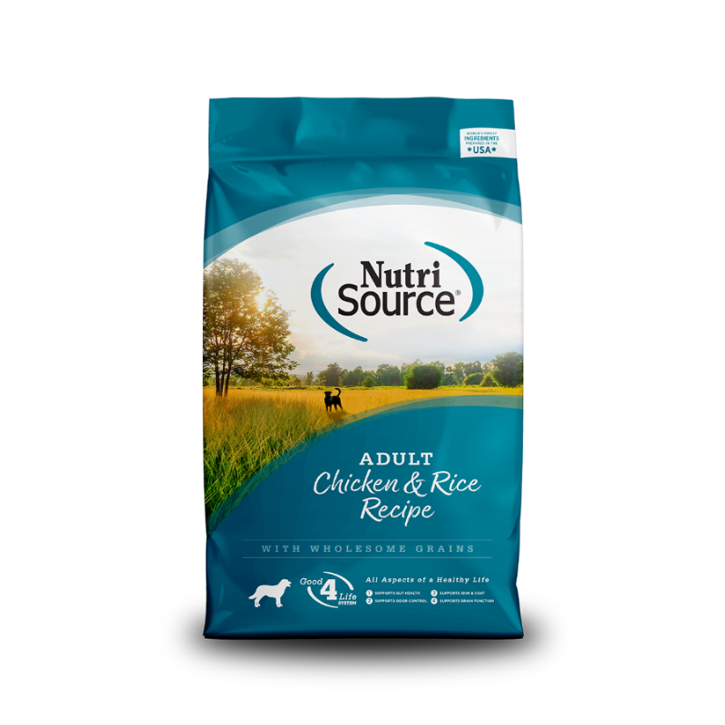 A bag of NutriSource Adult Chicken & Rice Recipe dog food with a picture of a dog in a field in the background.