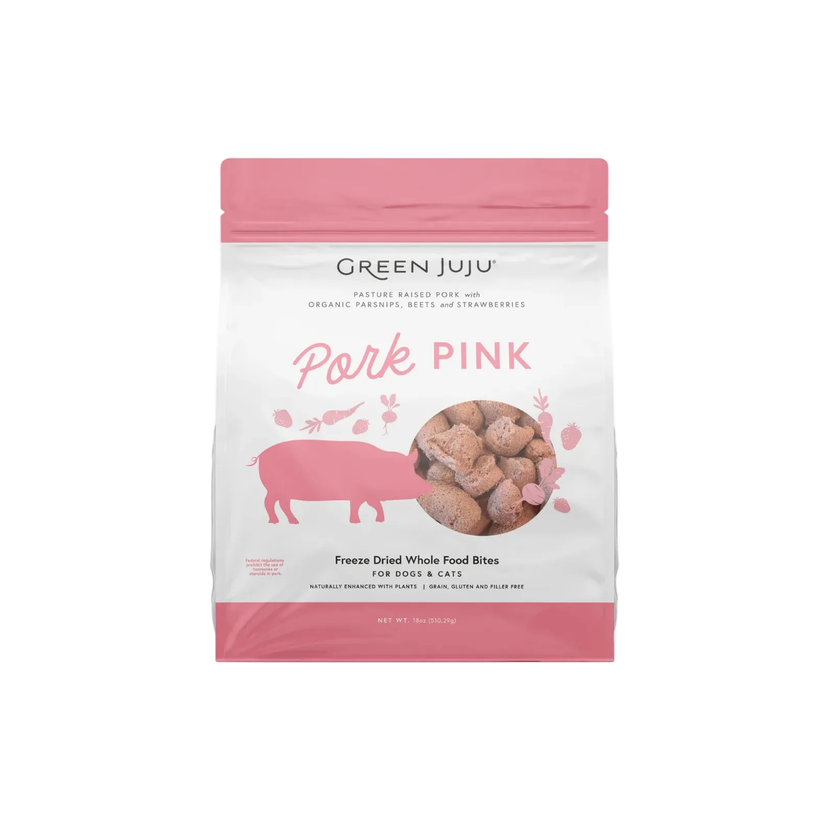 Green Juju Pork Pink freeze-dried whole food bites packaging on a white background