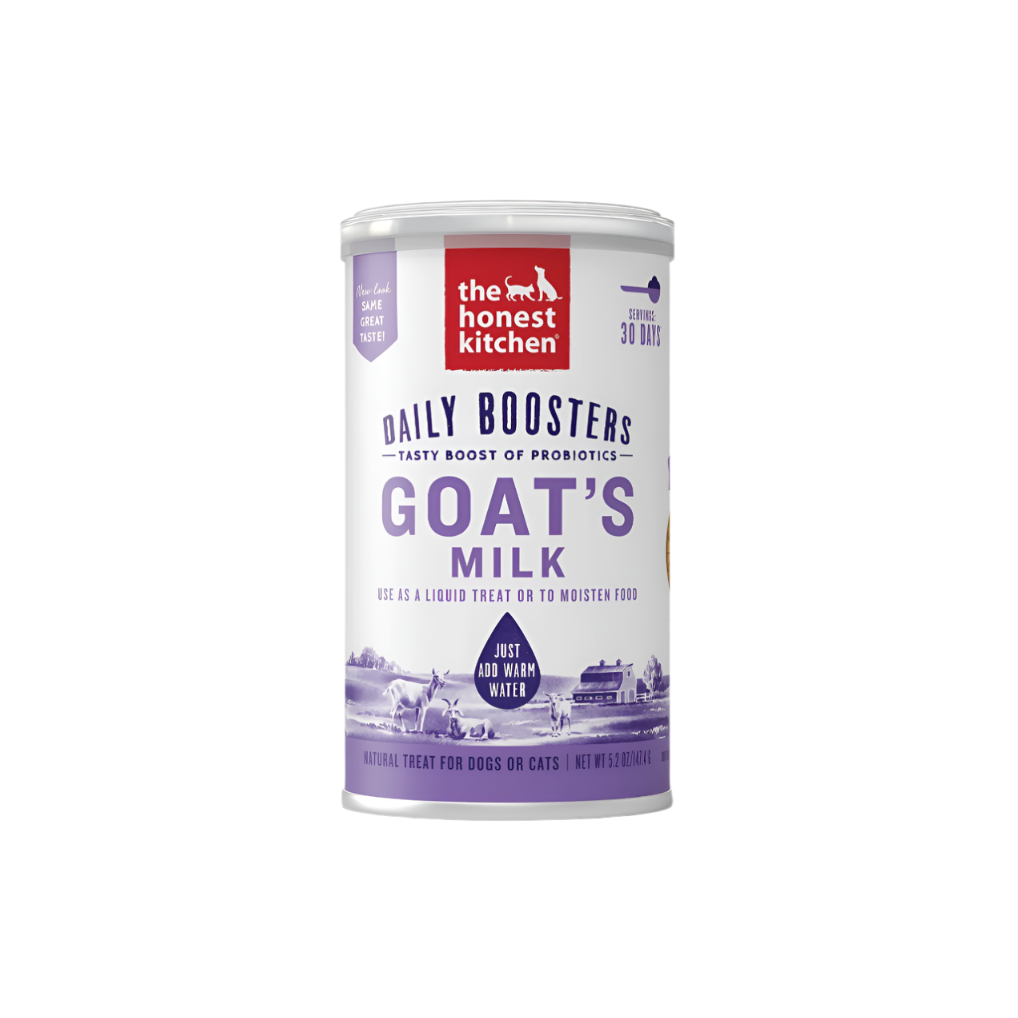 A canister of The Honest Kitchen Daily Boosters for Dogs, which is goat's milk-based with probiotics and enzymes for digestive health.
