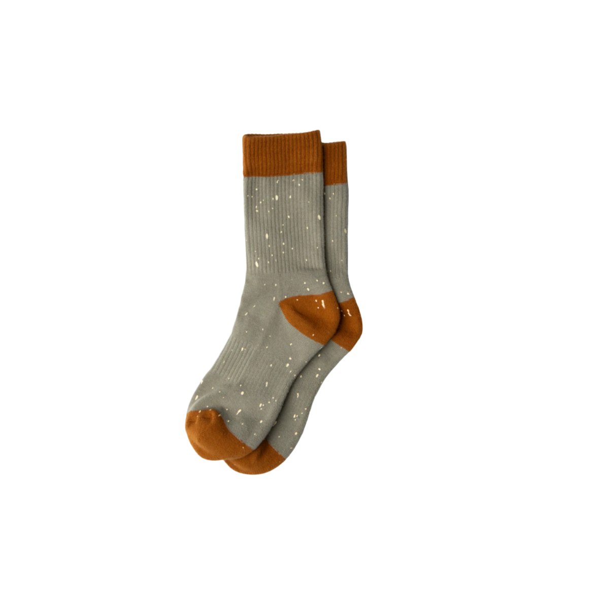 A pair of socks with gray body and brown accents, including the cuffs and the sole, with a speckled pattern.
