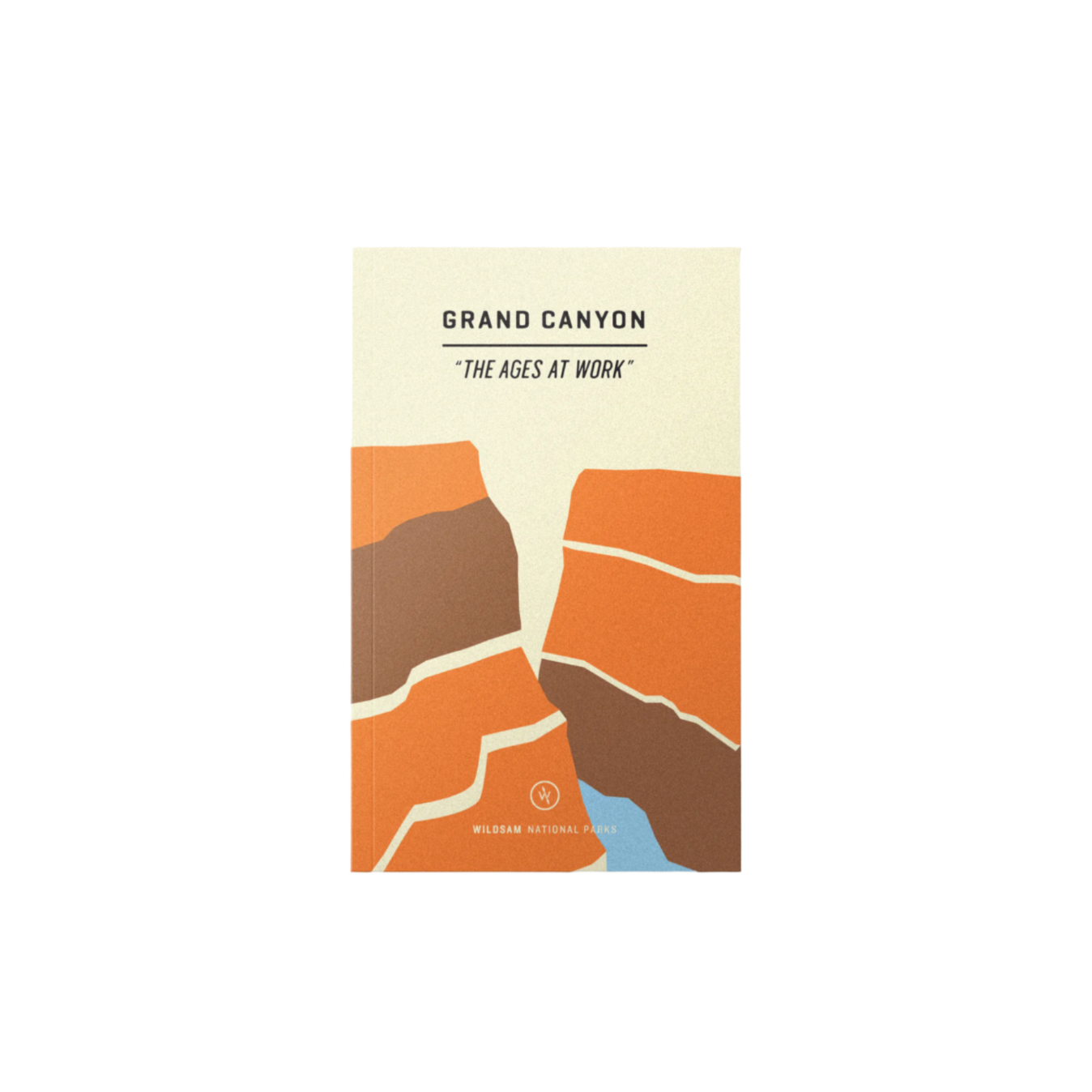 A notebook with a geometric pattern in shades of orange, brown, and blue, with the text 'GRAND CANYON ‘THE AGES AT WORK’ WILDERNESS NATIONAL PARK' on the cover.