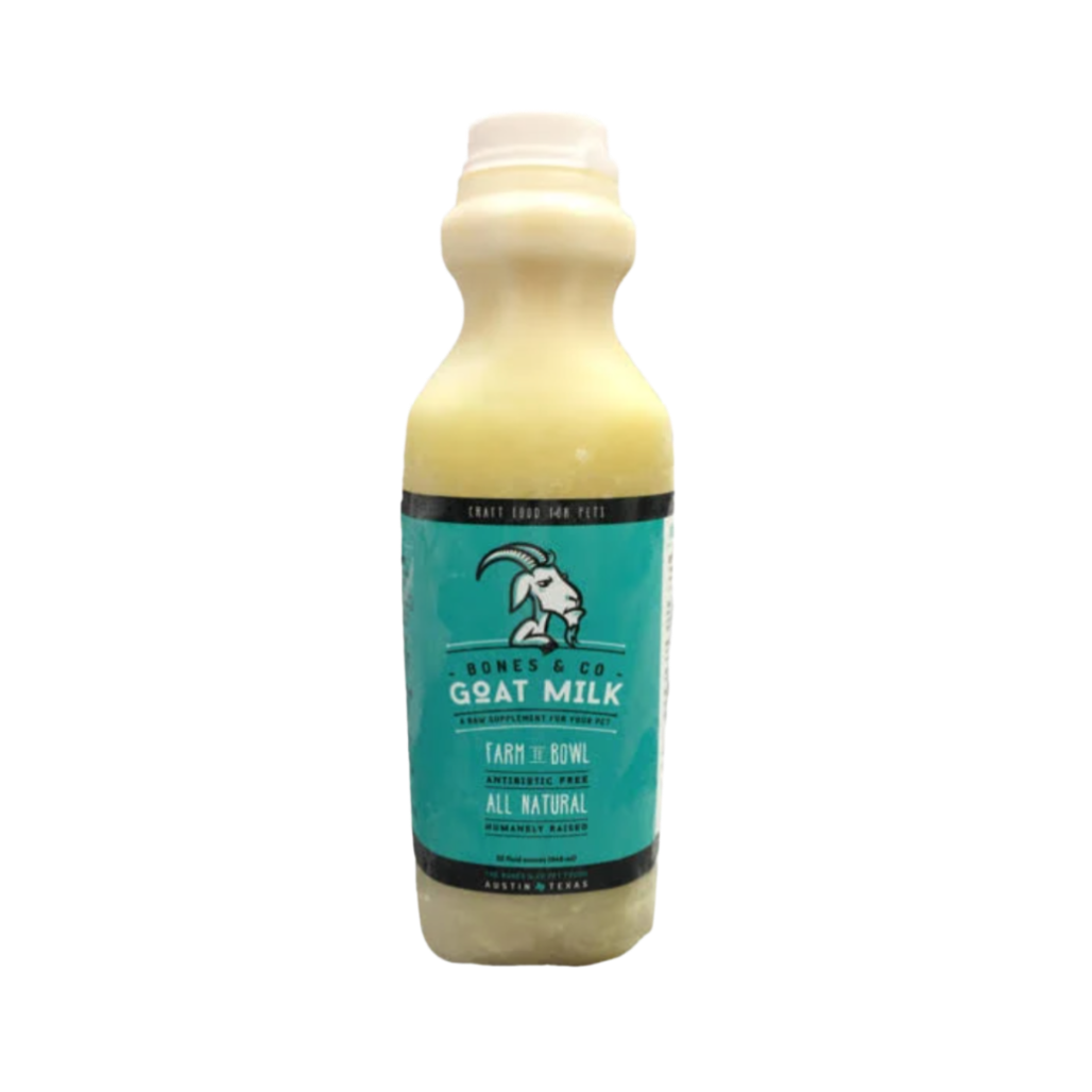 A bottle of raw goat milk with a label that includes a goat logo and text stating 'All Natural' and 'Farm to Bottle'.