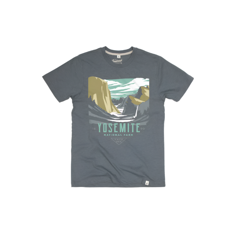 A gray Yosemite National Park unisex short sleeve tee with a graphic print of the park's landscape.