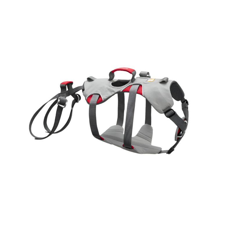 A gray and red Doubleback full body dog harness designed for lifting and carrying dogs in steep or rough terrains.