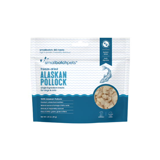 Package of smallbatchpets Alaskan Pollock freeze-dried treats on a white background