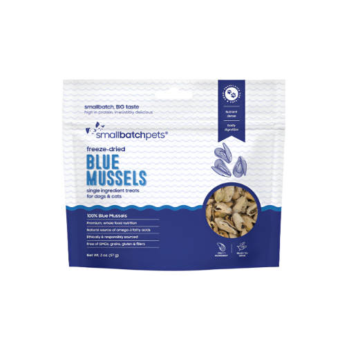 Small batch pets blue mussels freeze-dried treats packaging on a white background