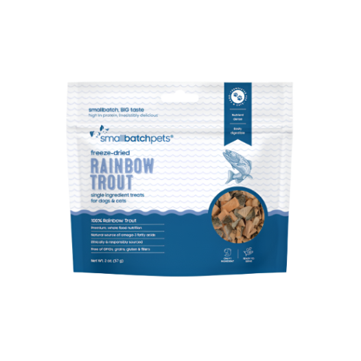 Package of Smallbatchpets freeze-dried rainbow trout treats for dogs and cats on a white background