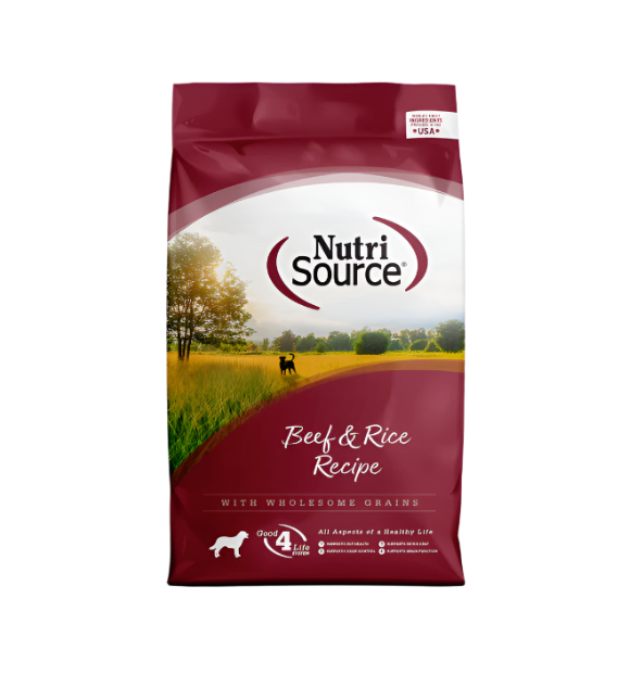 Nutri Source dog food package with a field and cow on the label
