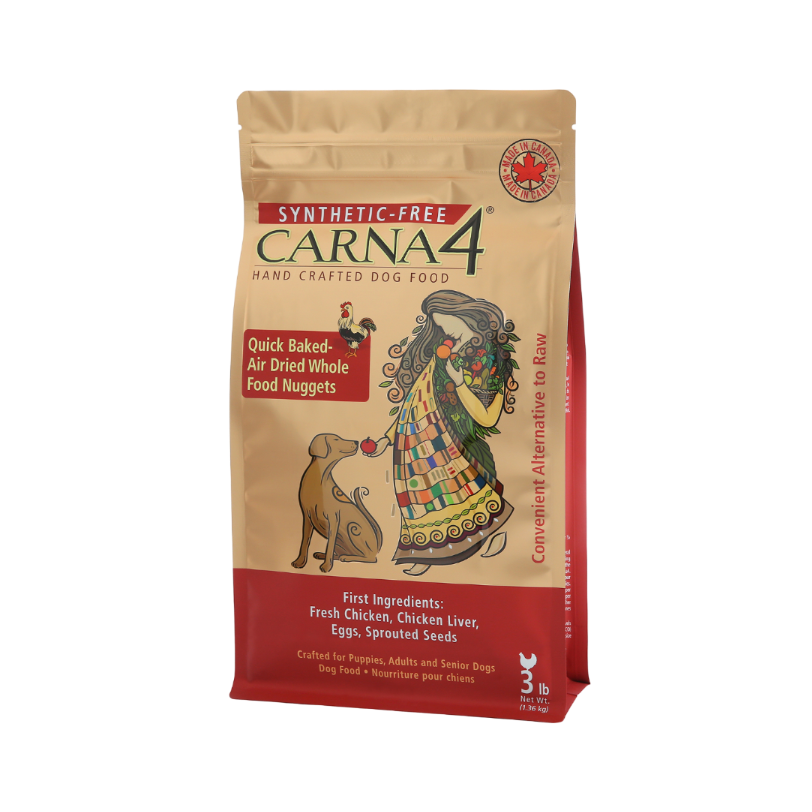 Bag of Carna4 handcrafted dog food with illustration of a woman and dog on a beige and red background