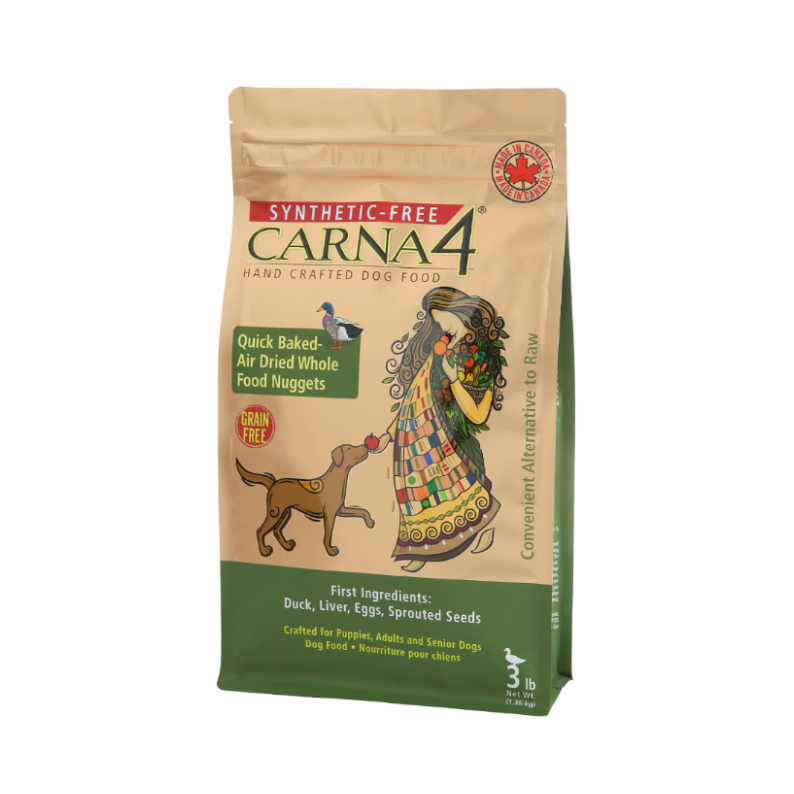 Carna4 synthetic-free handcrafted dog food package with a woman and dog illustration on a beige and green background.