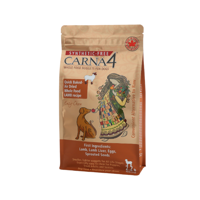 Package of Carna4 whole food nuggets for dogs on a white background