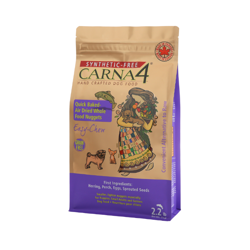 Carna4 dog food package with a woman holding a dog illustration on a white background