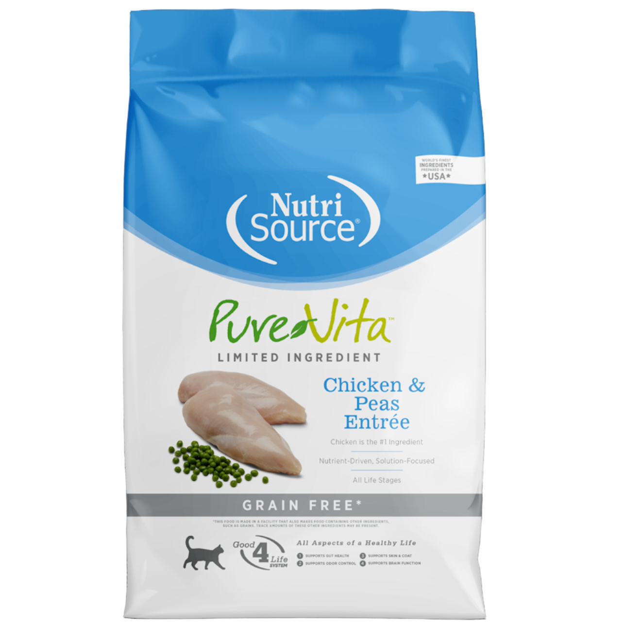 NutriSource PureVita cat food package with chicken and peas