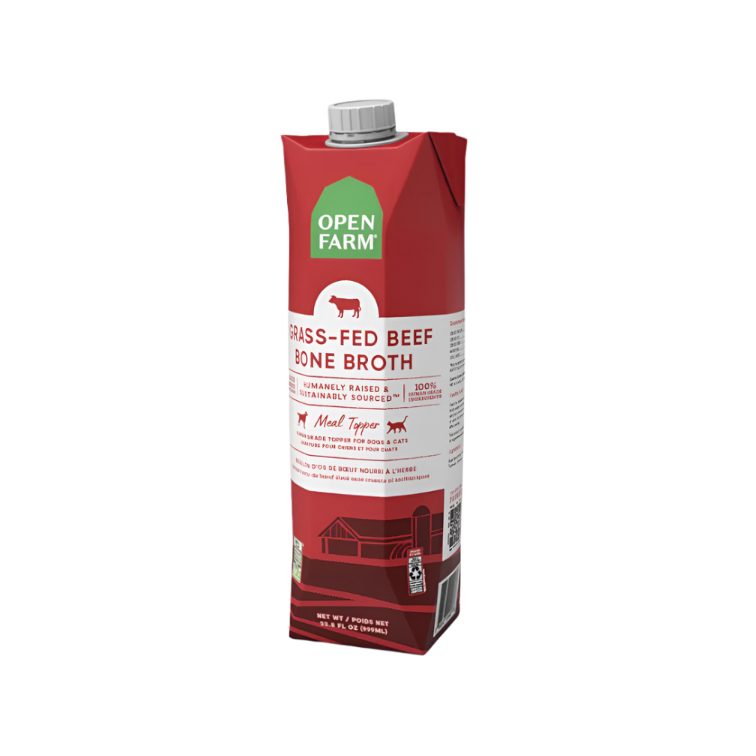 A carton of Open Farm Grass-Fed Beef Bone Broth for Dogs, showing product information and branding.