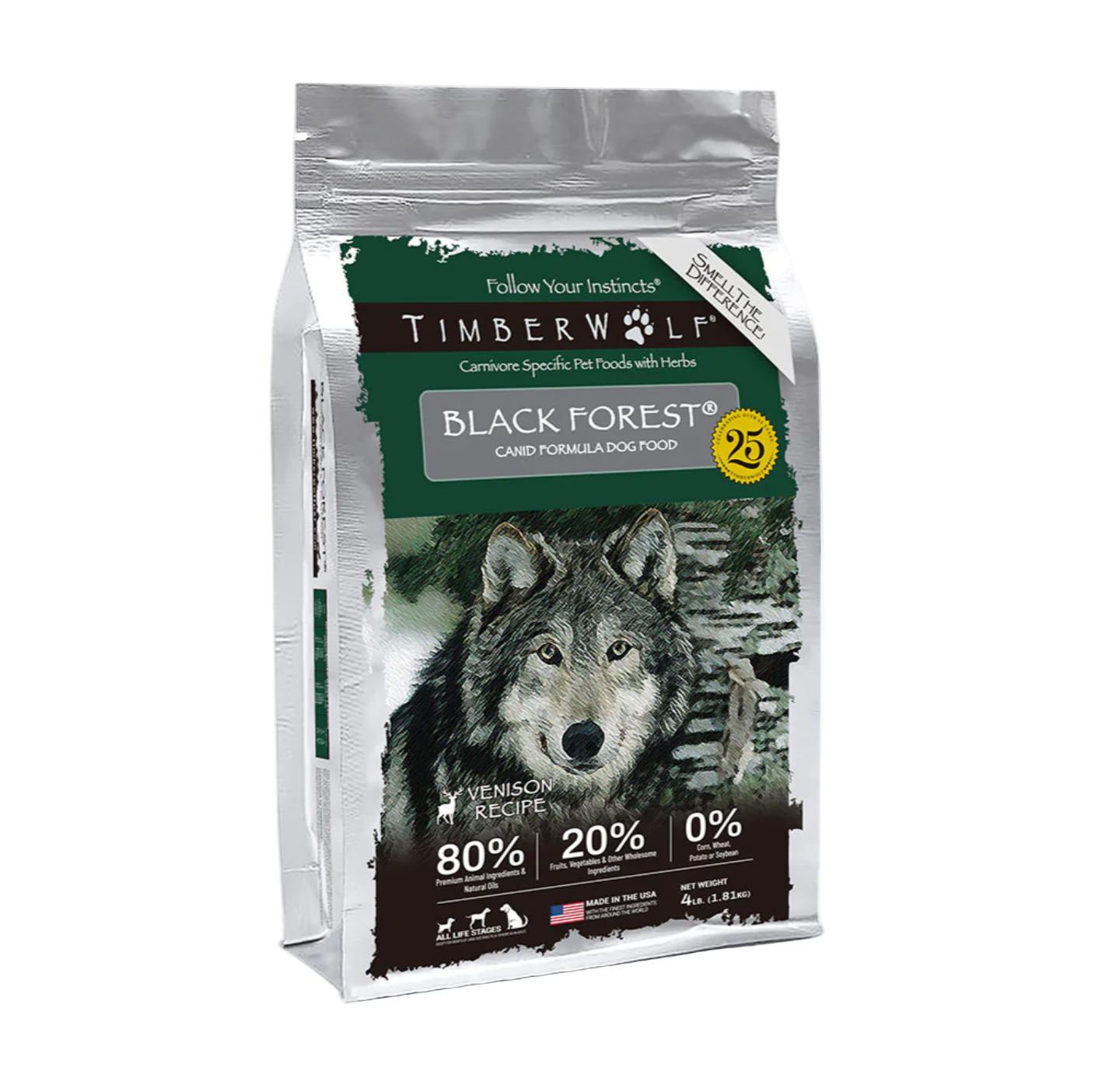 TimberWolf Black Forest dog food package with a wolf illustration on a transparent background