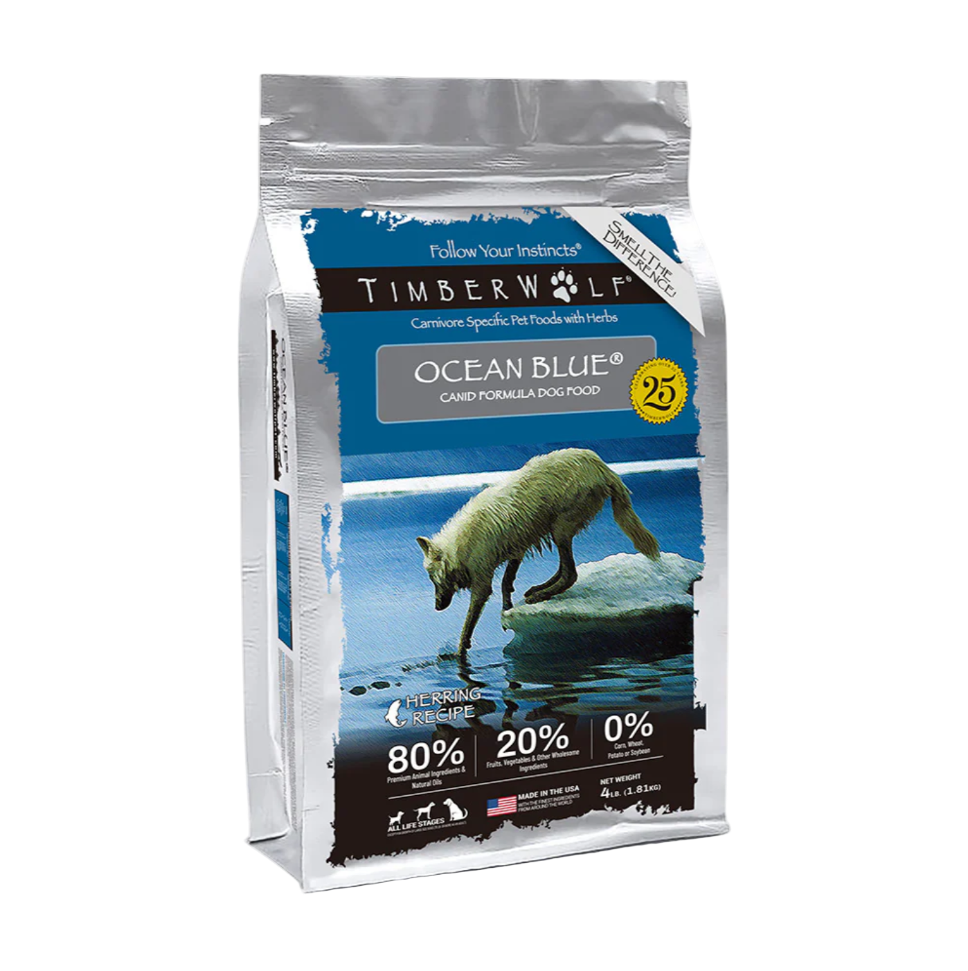 TimberWolf Ocean Blue dog food package with a wolf illustration on a transparent background