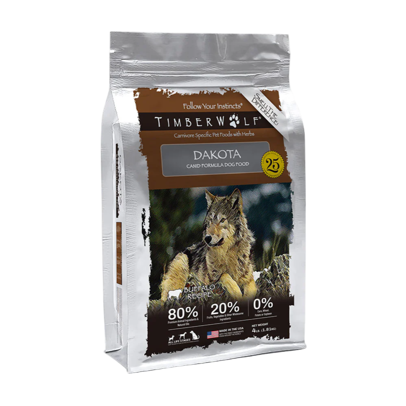 Timberwolf Dakota dog food package with a wolf illustration on a transparent background