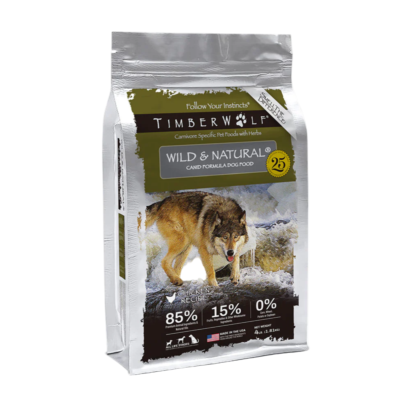 TimberWolf dog food package with a wolf illustration on a transparent background