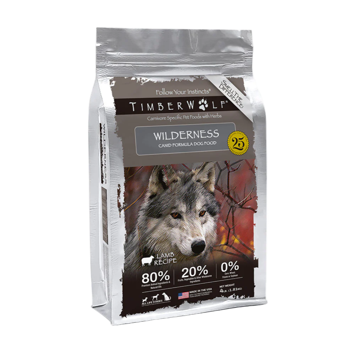 TimberWolf Wilderness dog food package with a wolf illustration on a transparent background