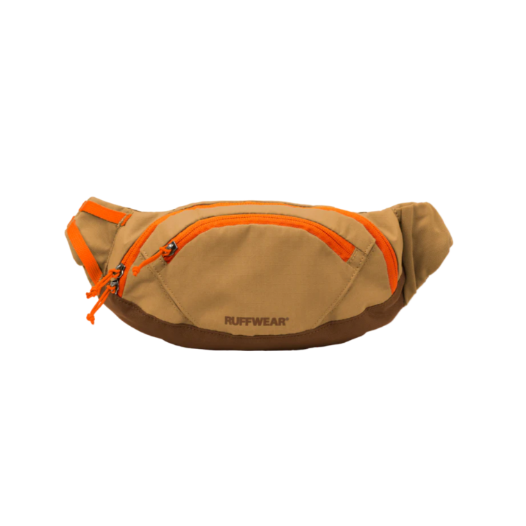Brown waist bag with orange accents and 'Ruffwear' branding on a white background