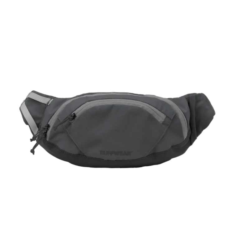 Gray waist bag with a visible brand logo on a white background