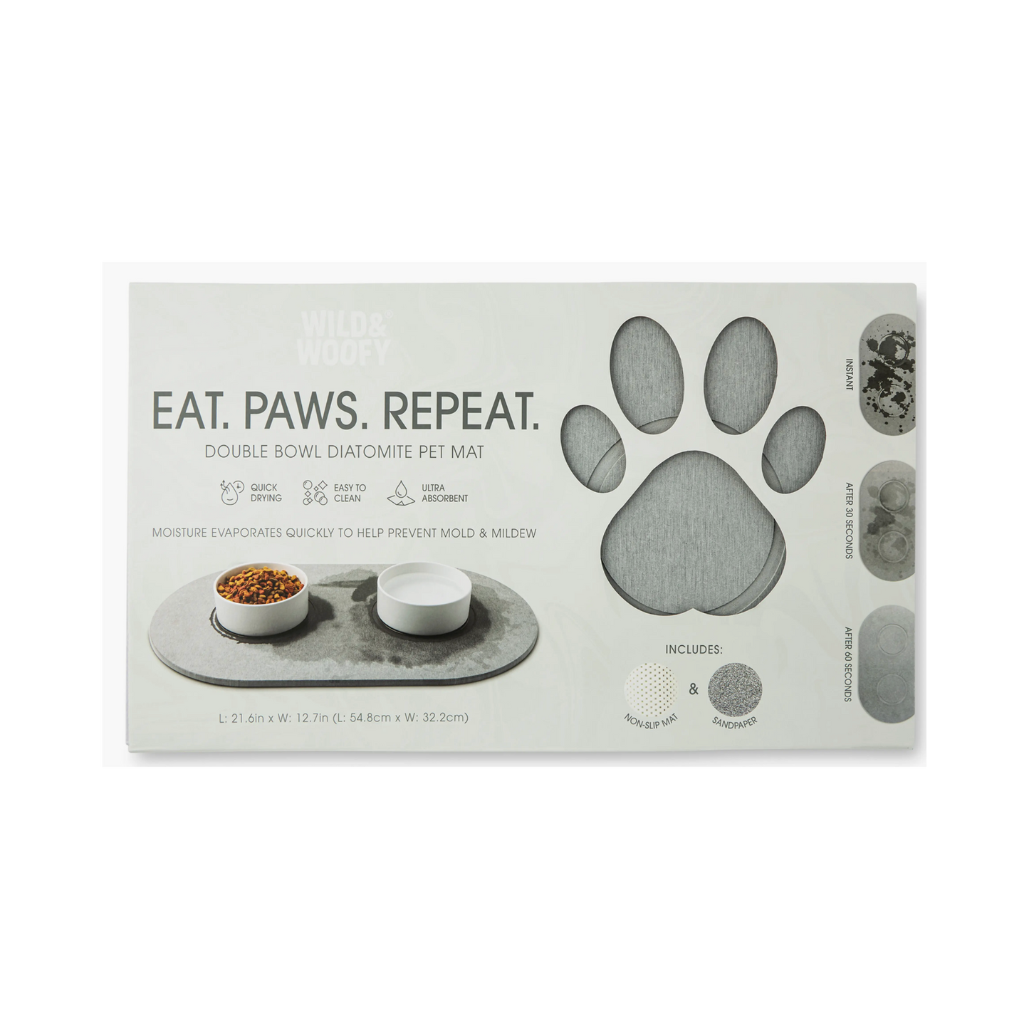 Pet mat packaging with paw prints and text 'Eat. Paws. Repeat.'