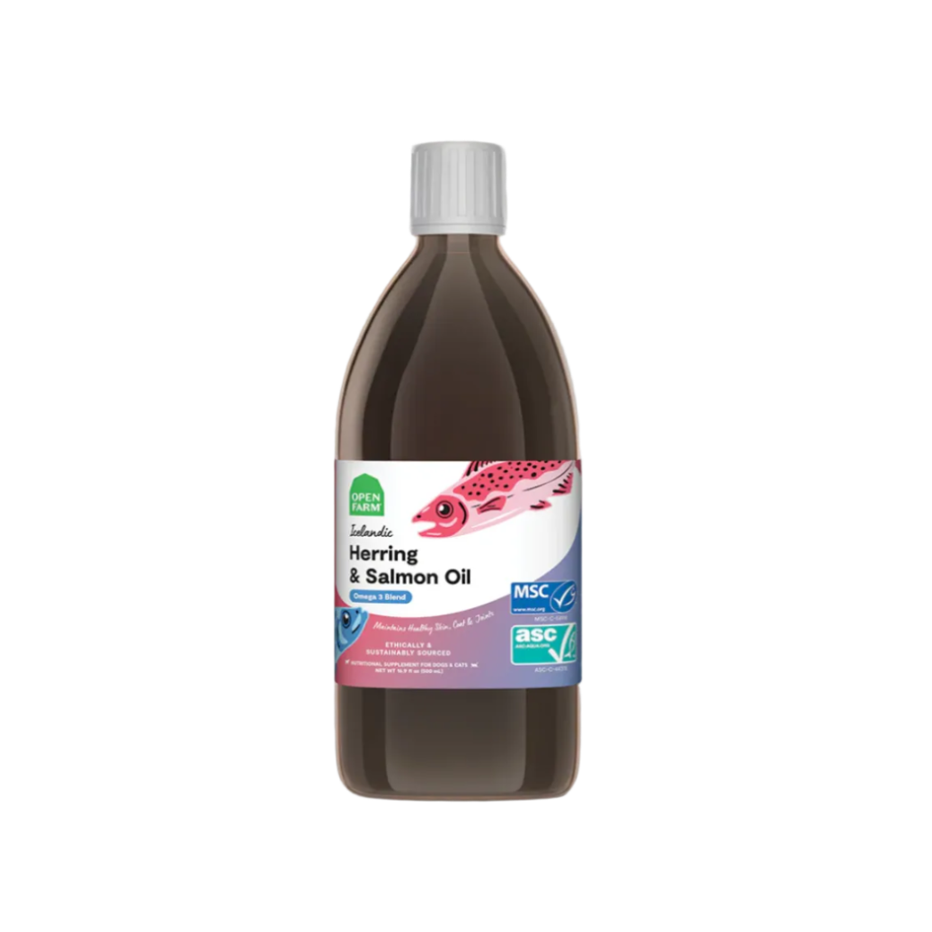 Bottle of herring and salmon oil with a label on a beige background