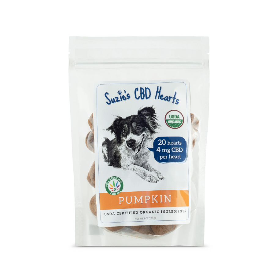 Package of Suzie's CBD Hearts for dogs with a dog illustration and product details on a white background.