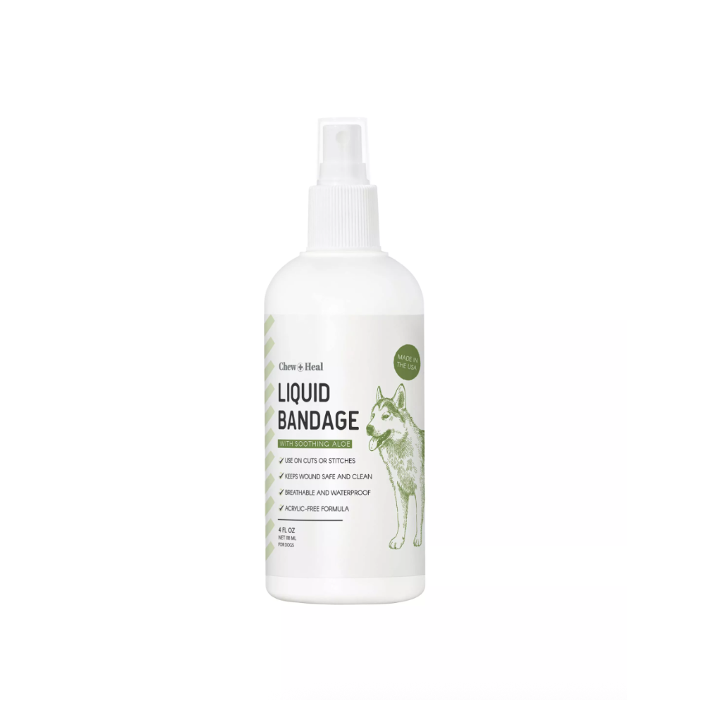 White bottle of 'Liquid Bandage' with a dog illustration on a white background