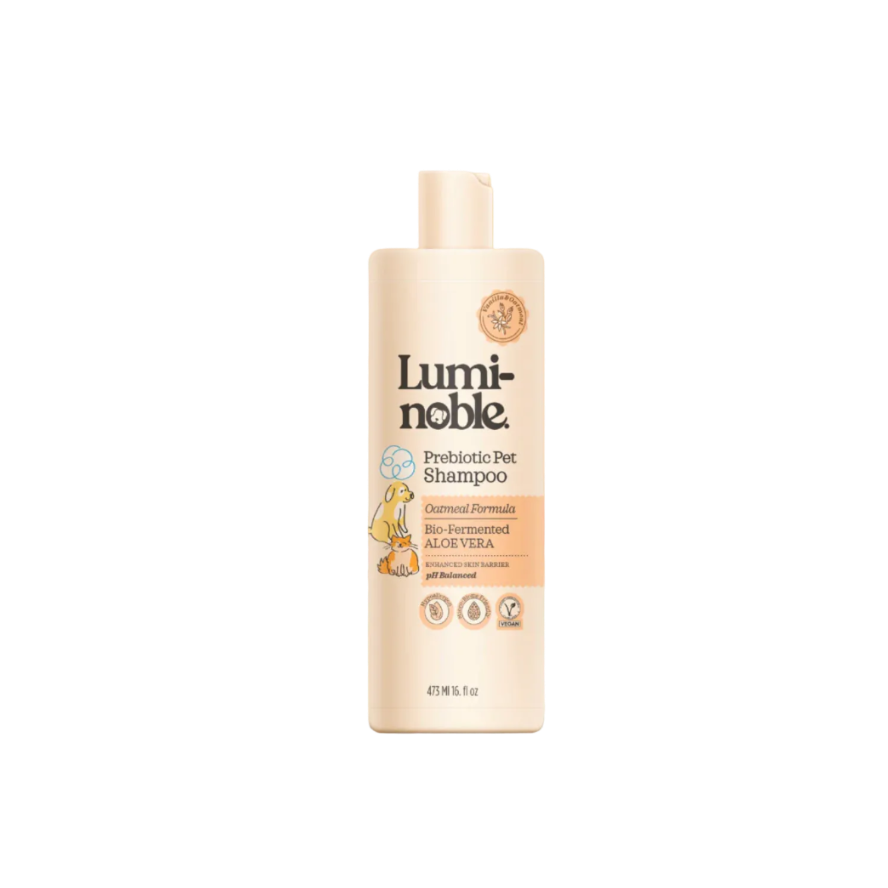 Lumi-noble prebiotic pet shampoo bottle on a beige background