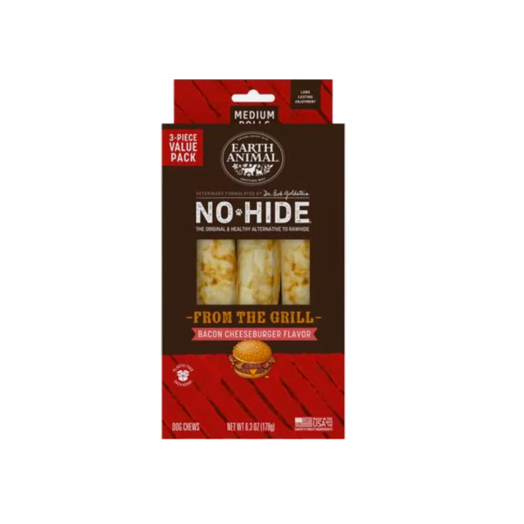 Earth Animal No-Hide Medium Size dog chews in bacon cheeseburger flavor, 3-piece value pack, shown in its retail packaging against a light gray background.