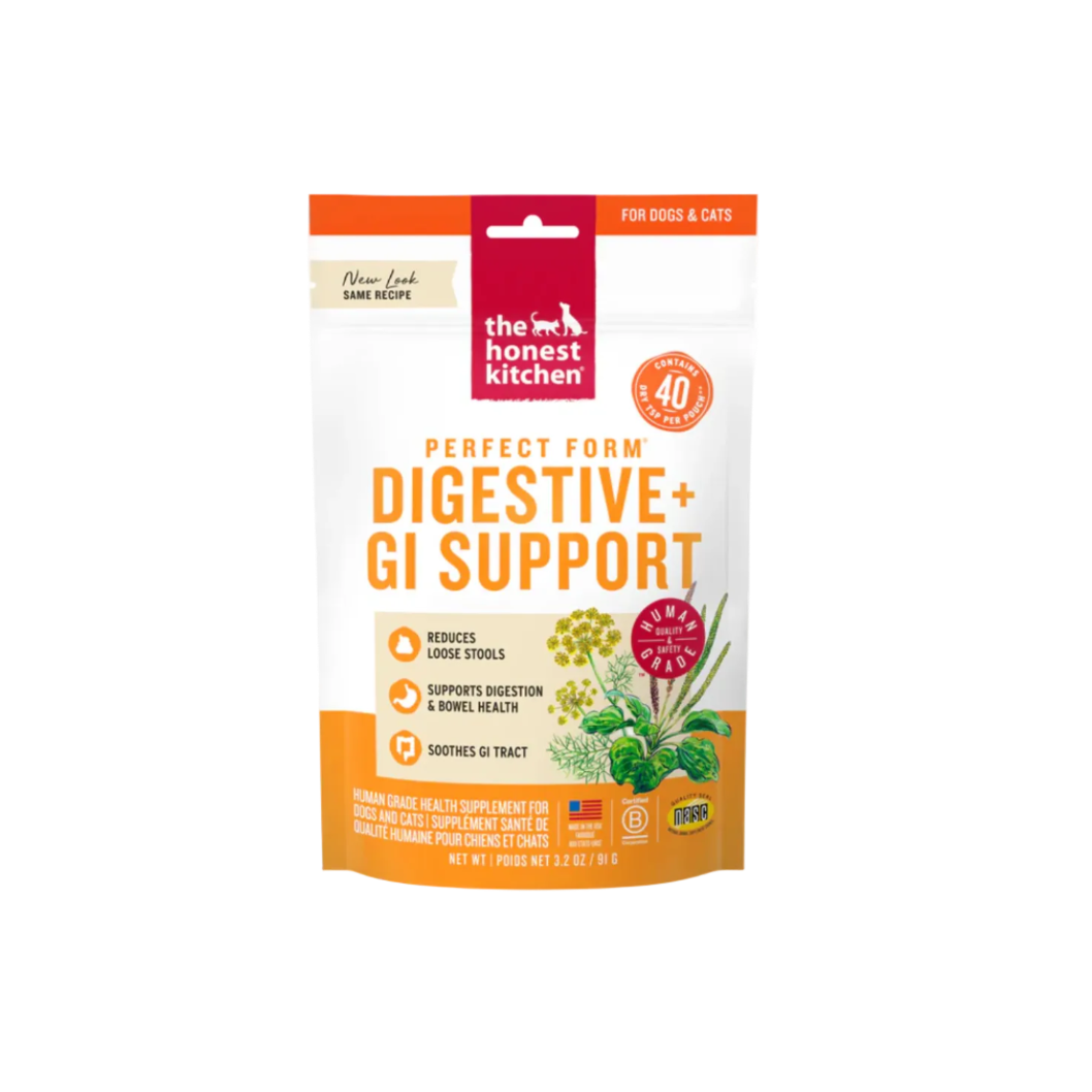 The Honest Kitchen Perfect Form Digestive+ GI Support supplement pouch for dogs and cats, featuring a white bag with orange and red text and illustrations of herbs.