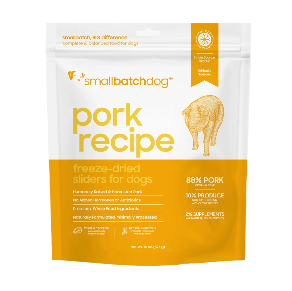 Package of Smallbatchdog pork recipe freeze-dried sliders for dogs on a white background