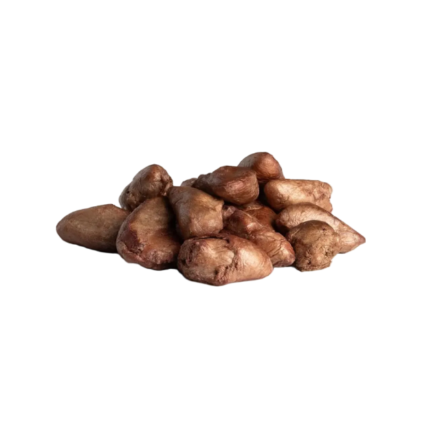 Pile of freeze-dried chicken hearts on a white background.