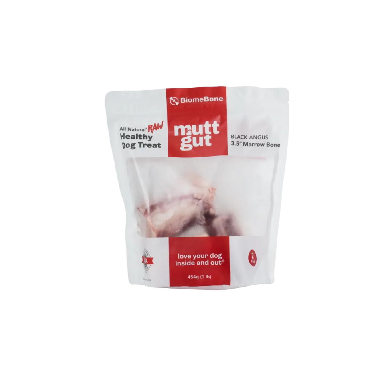 BiomeBone mutt gut dog treat pouch in Black Angus 3.5" marrow bone flavor, 454g, on a clean white background.