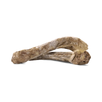 Two freeze-dried duck necks stacked and crossed on a plain white background.
