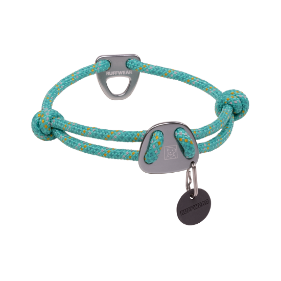 Teal dog collar with metal clasp and tag on a white background