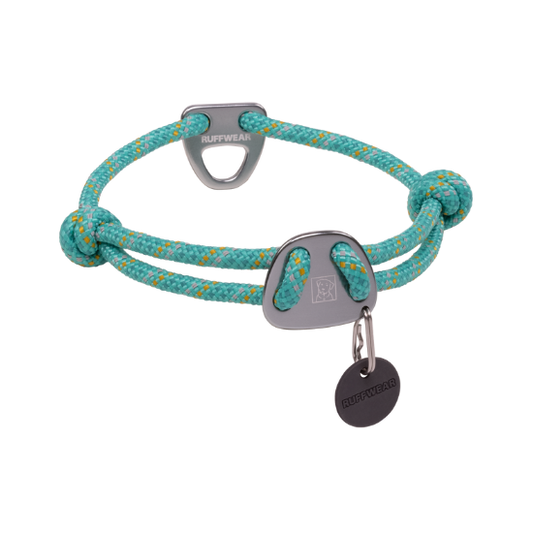 Teal dog collar with metal clasp and tag on a white background