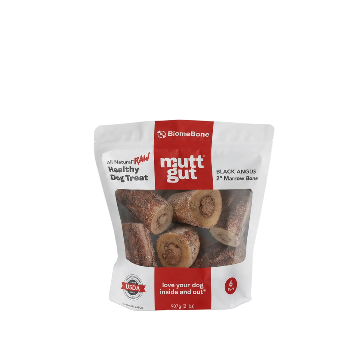 BiomeBone mutt gut dog treats in a white and red stand-up pouch, displayed on a clean white background with a soft shadow.