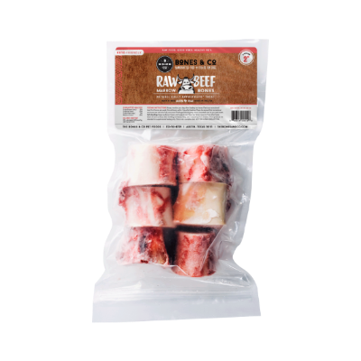 Package of raw beef marrow bones with 'Bones & Co' branding on a white background