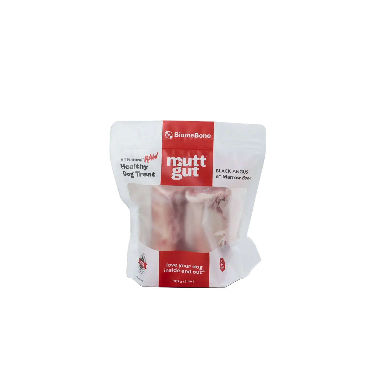 A package of BiomeBone mutt gut healthy dog treats, shown in a clear stand-up pouch with red and white branding on a clean white background.