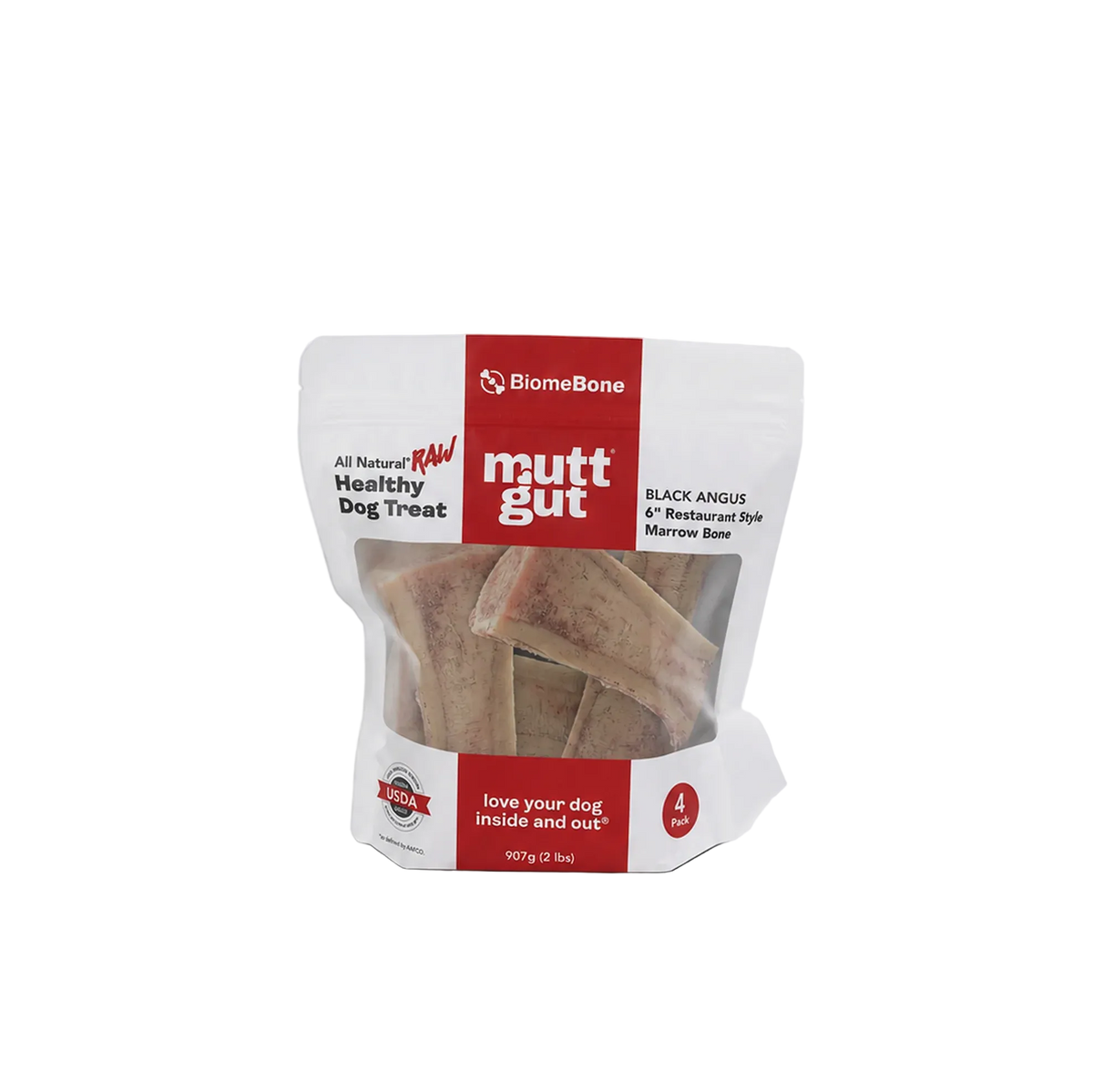 BiomeBone mutt gut dog treat pouch containing 4 narrow bars, shown on a clean white background with a soft shadow.